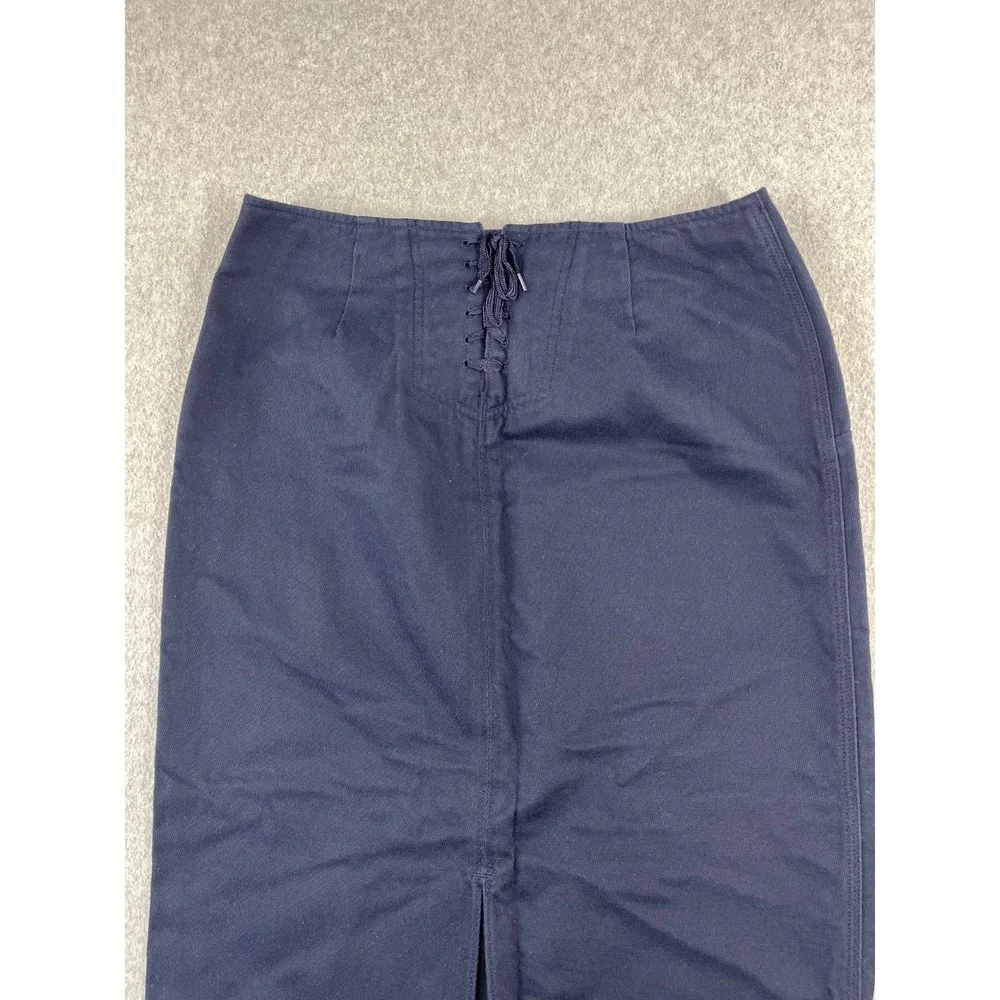 Lauren Ralph Lauren Maxi Skirt Womens 8 Navy Denim Nautical Gold Buttons Lace Up